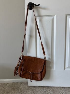 MMS Design Studio Brown Leather-Style Crossbody Bag with Tassel